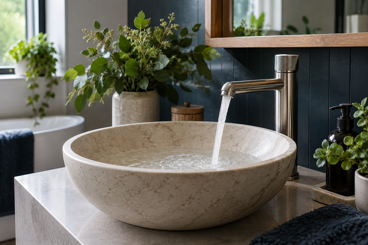 Water running into a beautifully finished bathroom basin